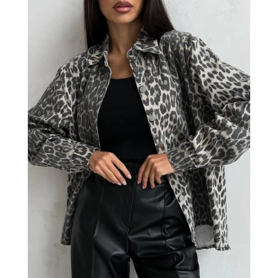 American Vintage Leopard Print Trendy Denim Jacket for Women – Loose Fit Short Crop Jacket 01