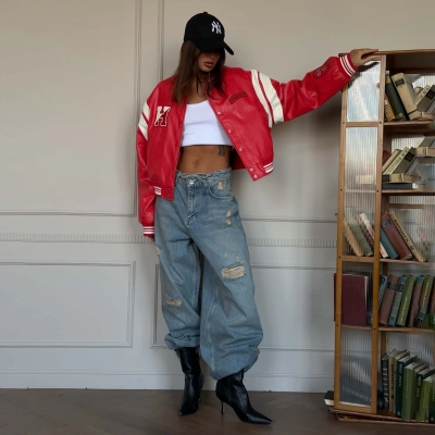 Biker Style Letter Print PU Leather Jacket for Women – Short Crop Jacket with Streetwear Vibe 01