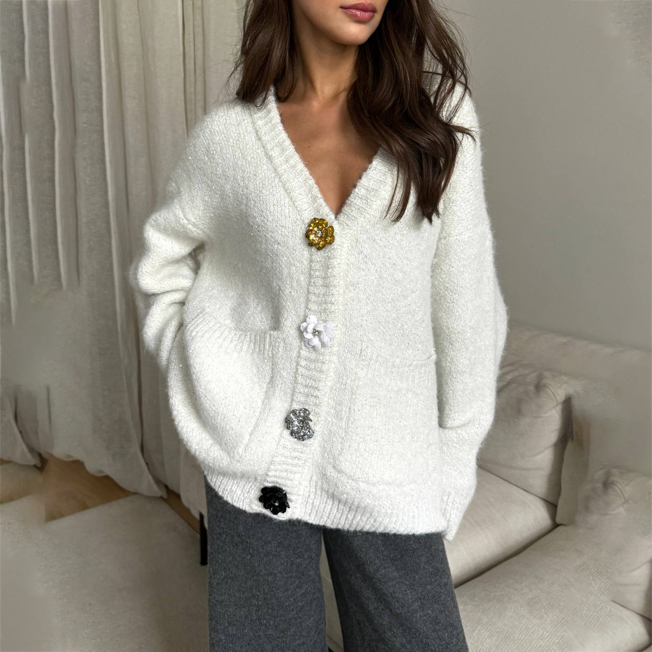 Colorful Button Design Lazy Chic Sweater for Women – Oversized Knit Cardigan with Playful Touch
