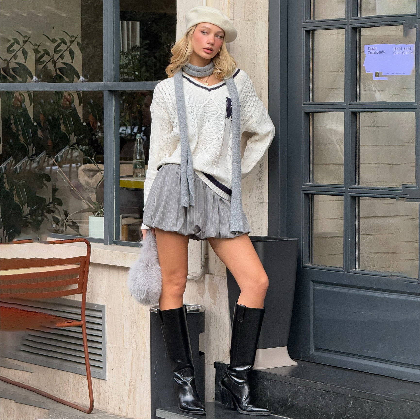 Contrast Applique Embroidery White V-Neck Sweater for Women – Casual Loose Knit Top