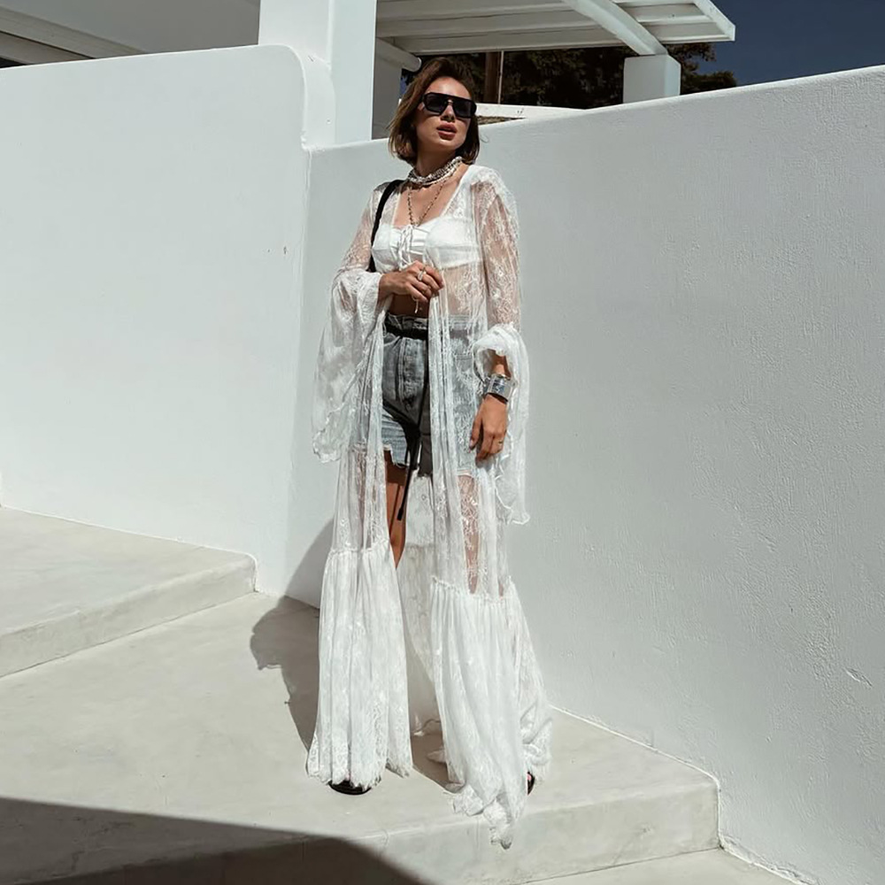 Lace Bell Sleeve Hooded Long Cardigan Coat for Women – Oversized Elegant Open Front Coat