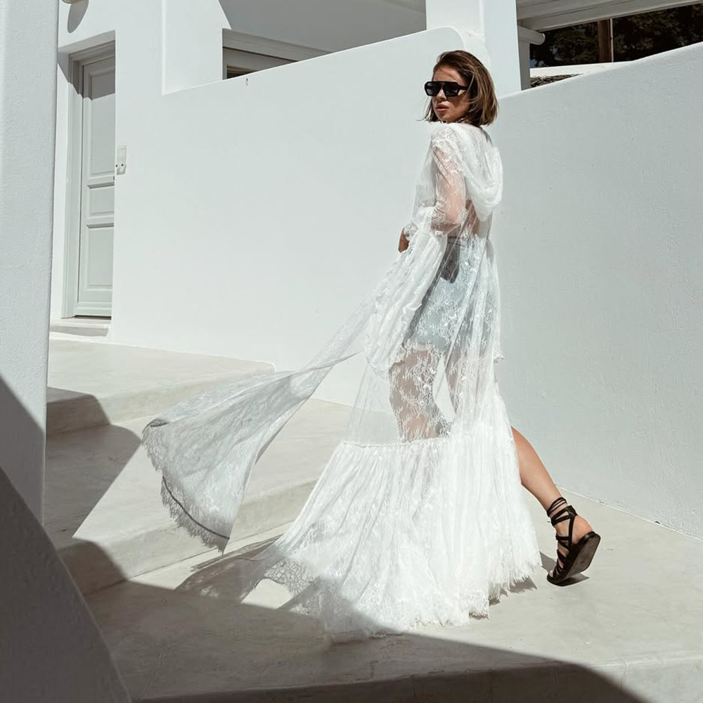 Lace Bell Sleeve Hooded Long Cardigan Coat for Women – Oversized Elegant Open Front Coat