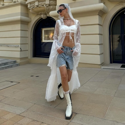 Lace Bell Sleeve Hooded Long Cardigan Coat for Women – Oversized Elegant Open Front Coat 01