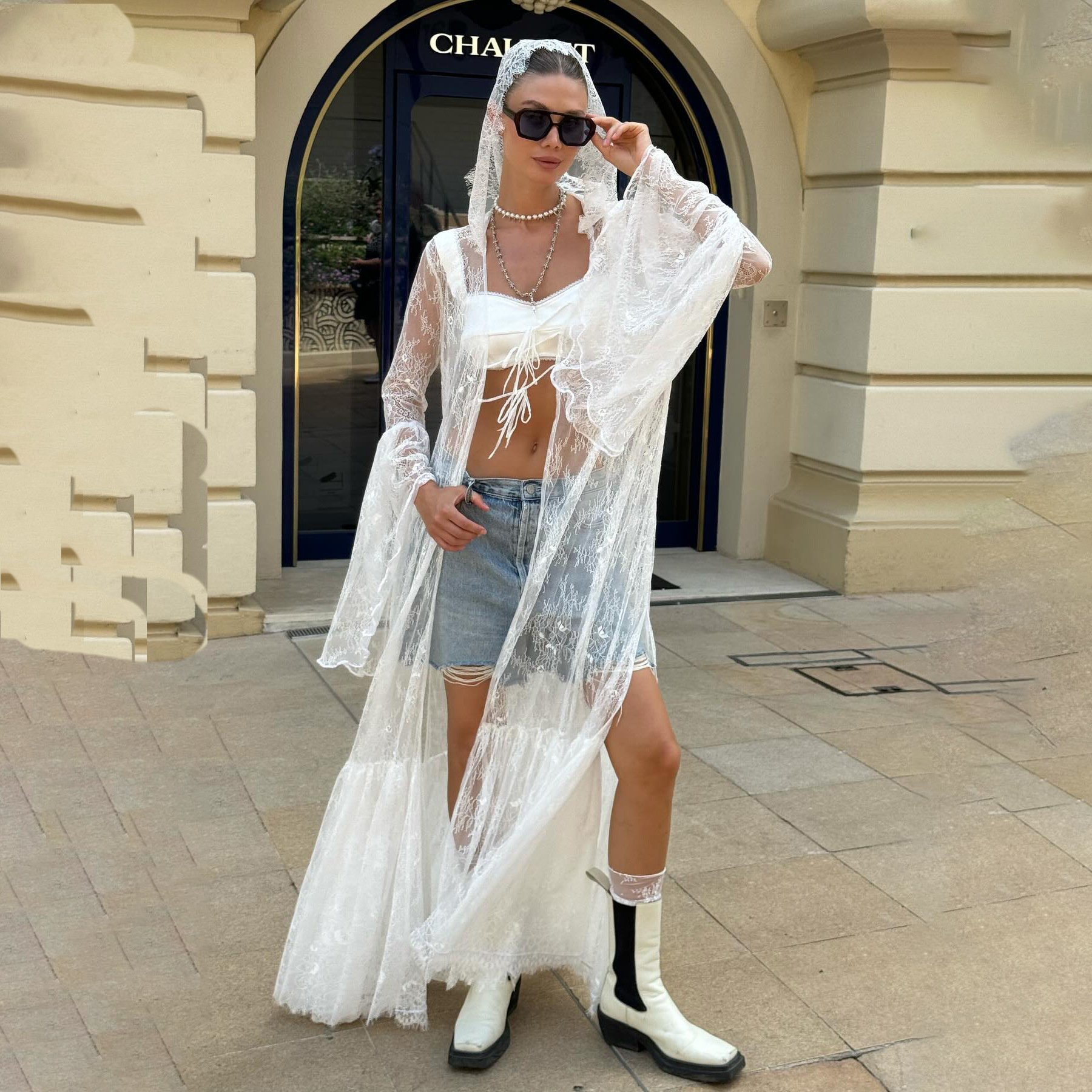 Lace Bell Sleeve Hooded Long Cardigan Coat for Women – Oversized Elegant Open Front Coat