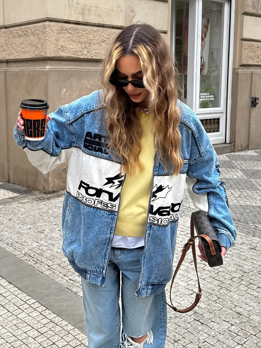 Street Style Patchwork Baseball Denim Jacket for Women – Oversized Casual Sporty Jacket