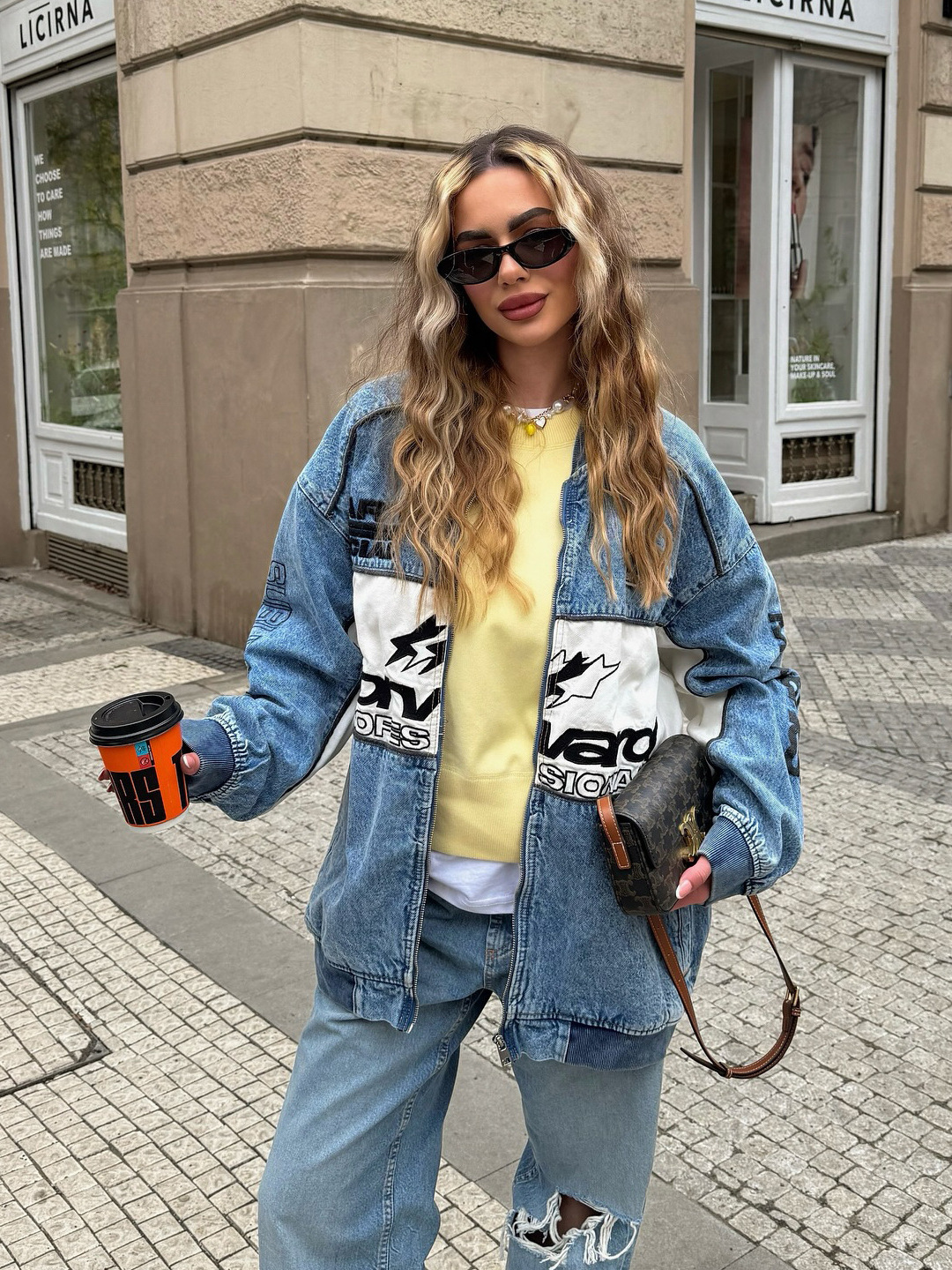 Street Style Patchwork Baseball Denim Jacket for Women – Oversized Casual Sporty Jacket