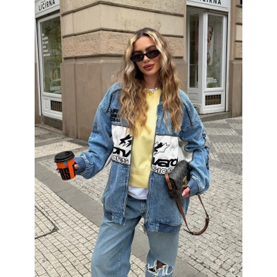 Street Style Patchwork Baseball Denim Jacket for Women – Oversized Casual Sporty Jacket 01