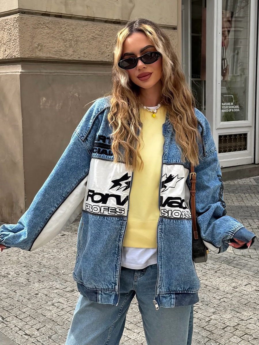 Street Style Patchwork Baseball Denim Jacket for Women – Oversized Casual Sporty Jacket