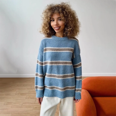 Vintage Colorblock Stripe Knit Oversized Sweater for Women – Casual Loose Pullover 02