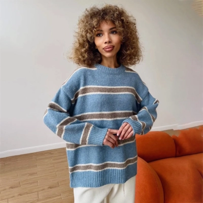 Vintage Colorblock Stripe Knit Oversized Sweater for Women – Casual Loose Pullover 01