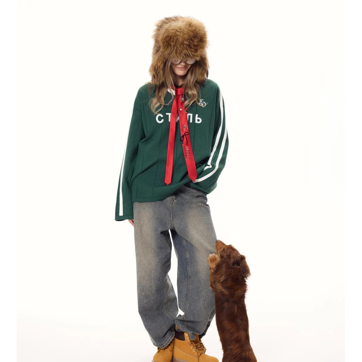 Striped Colorblock Cyrillic Jacquard Sporty Oversized Sweater for Women – Casual Knit Pullover