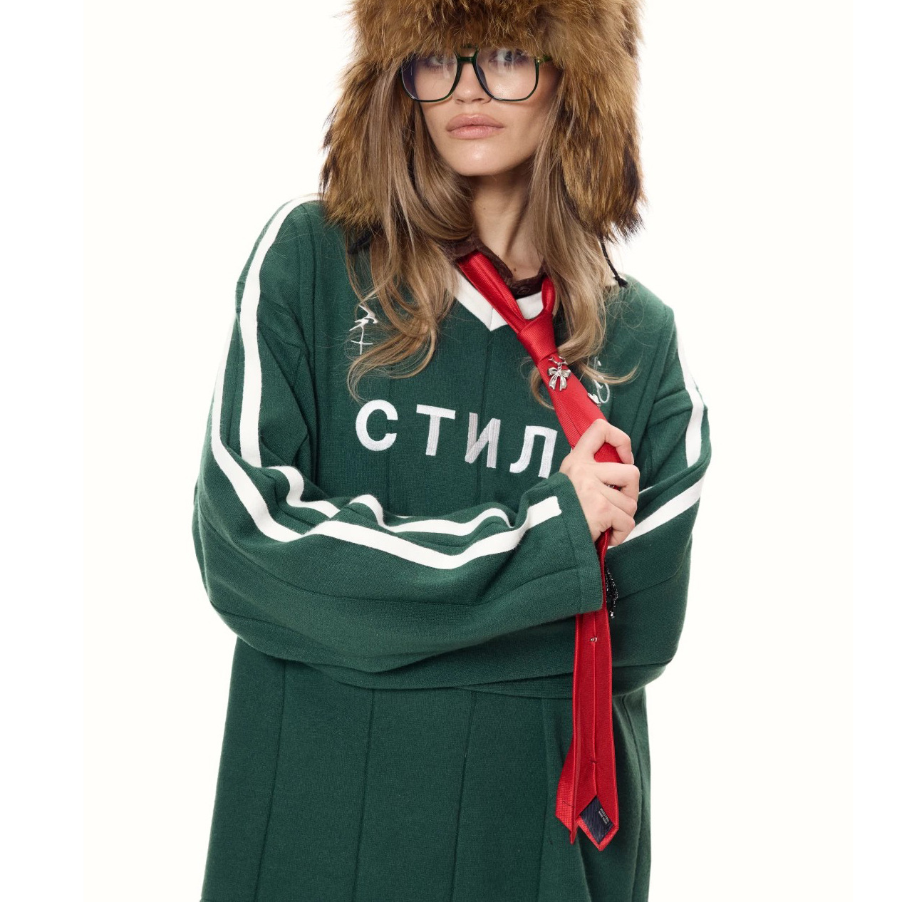 Striped Colorblock Cyrillic Jacquard Sporty Oversized Sweater for Women – Casual Knit Pullover