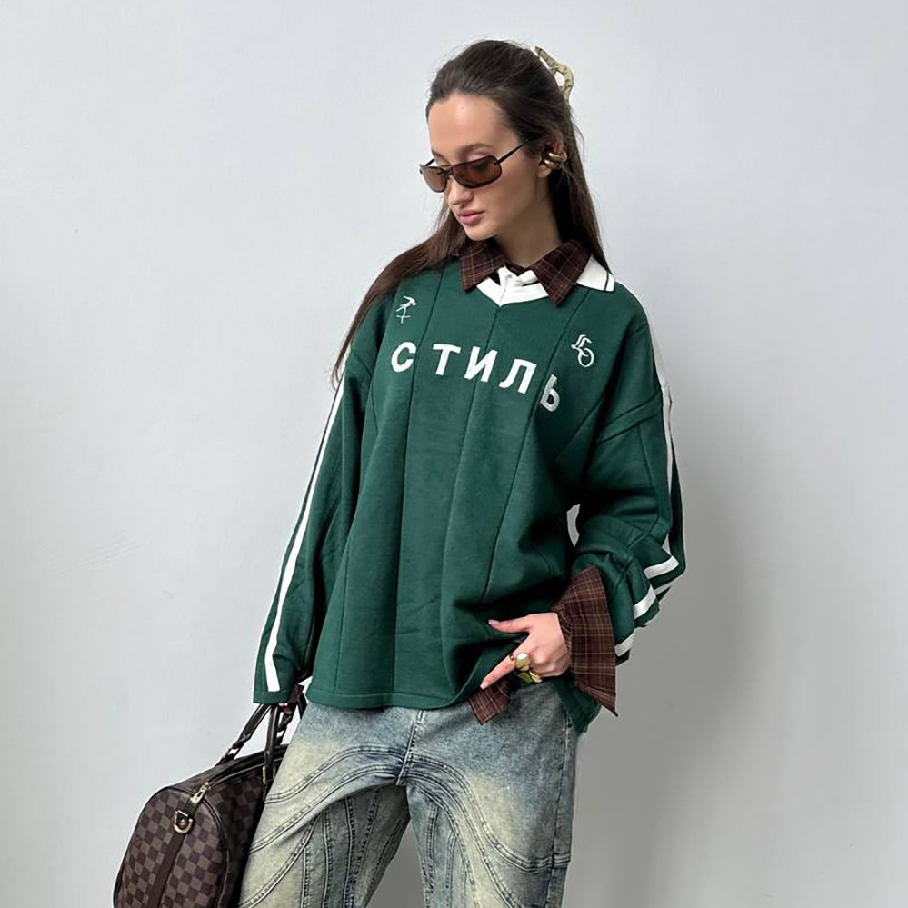 Striped Colorblock Cyrillic Jacquard Sporty Oversized Sweater for Women – Casual Knit Pullover