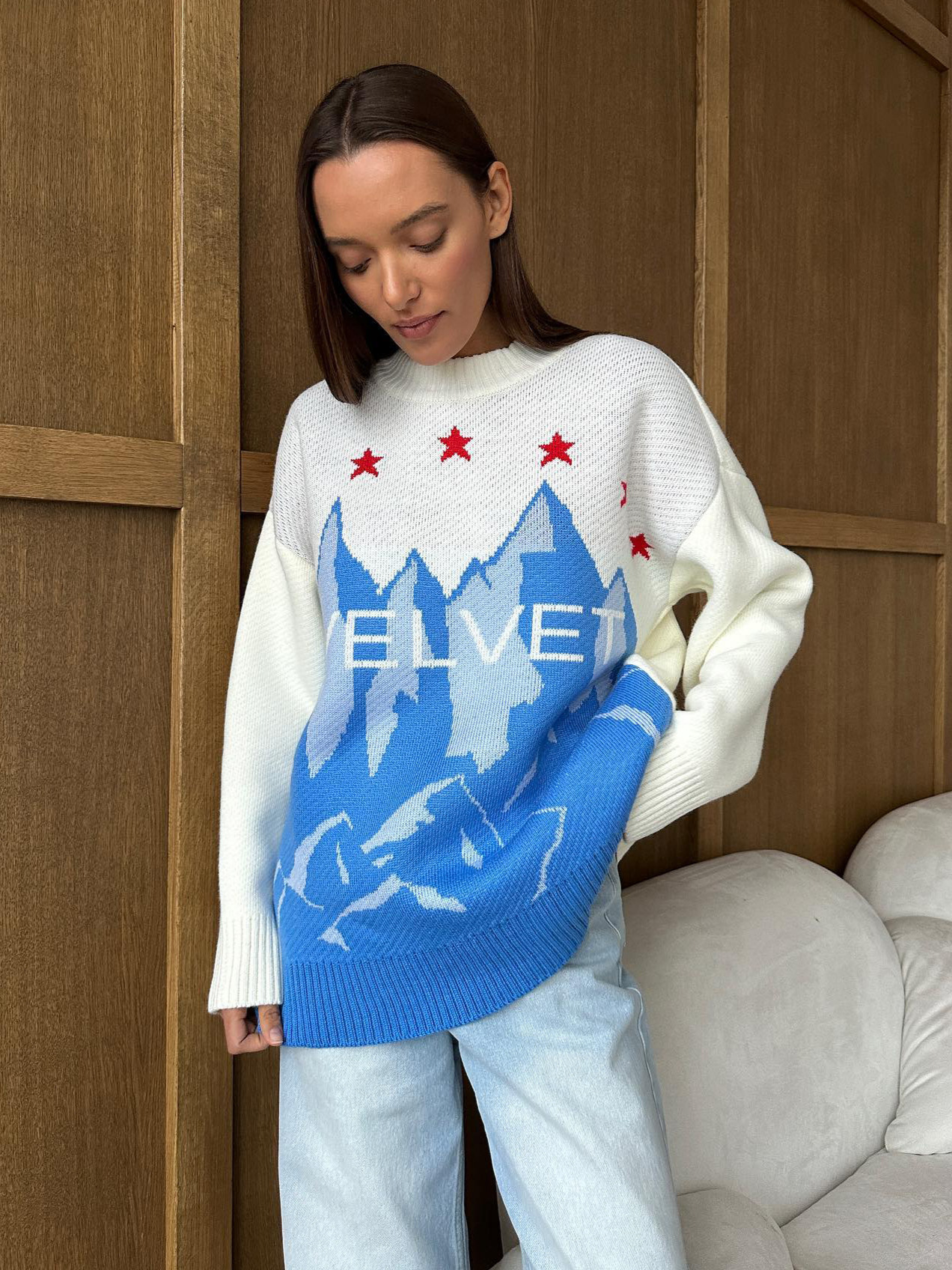 Icy Color Jacquard Oversized Crewneck Sweater for Women – Casual Knit Pullover