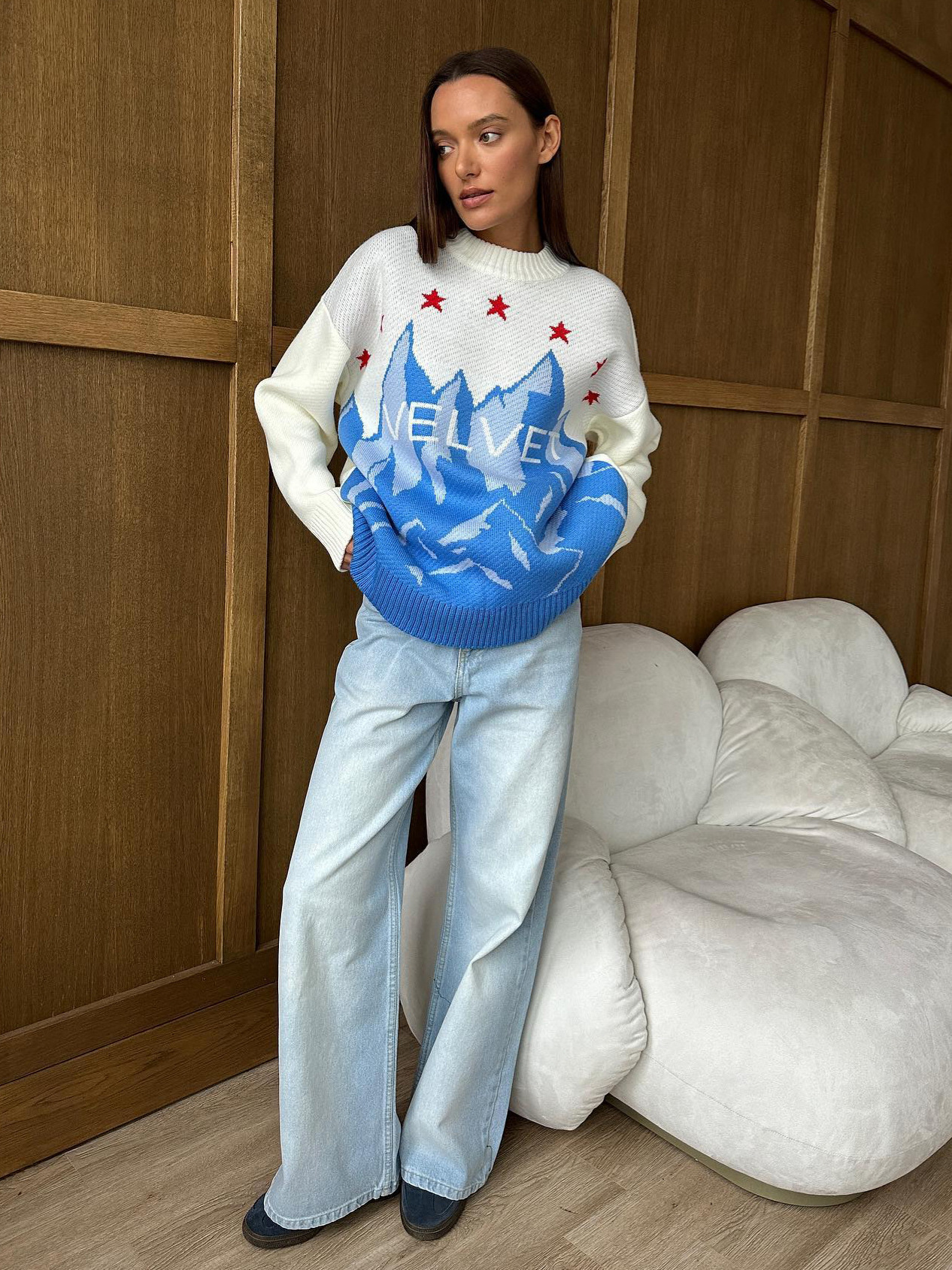 Icy Color Jacquard Oversized Crewneck Sweater for Women – Casual Knit Pullover