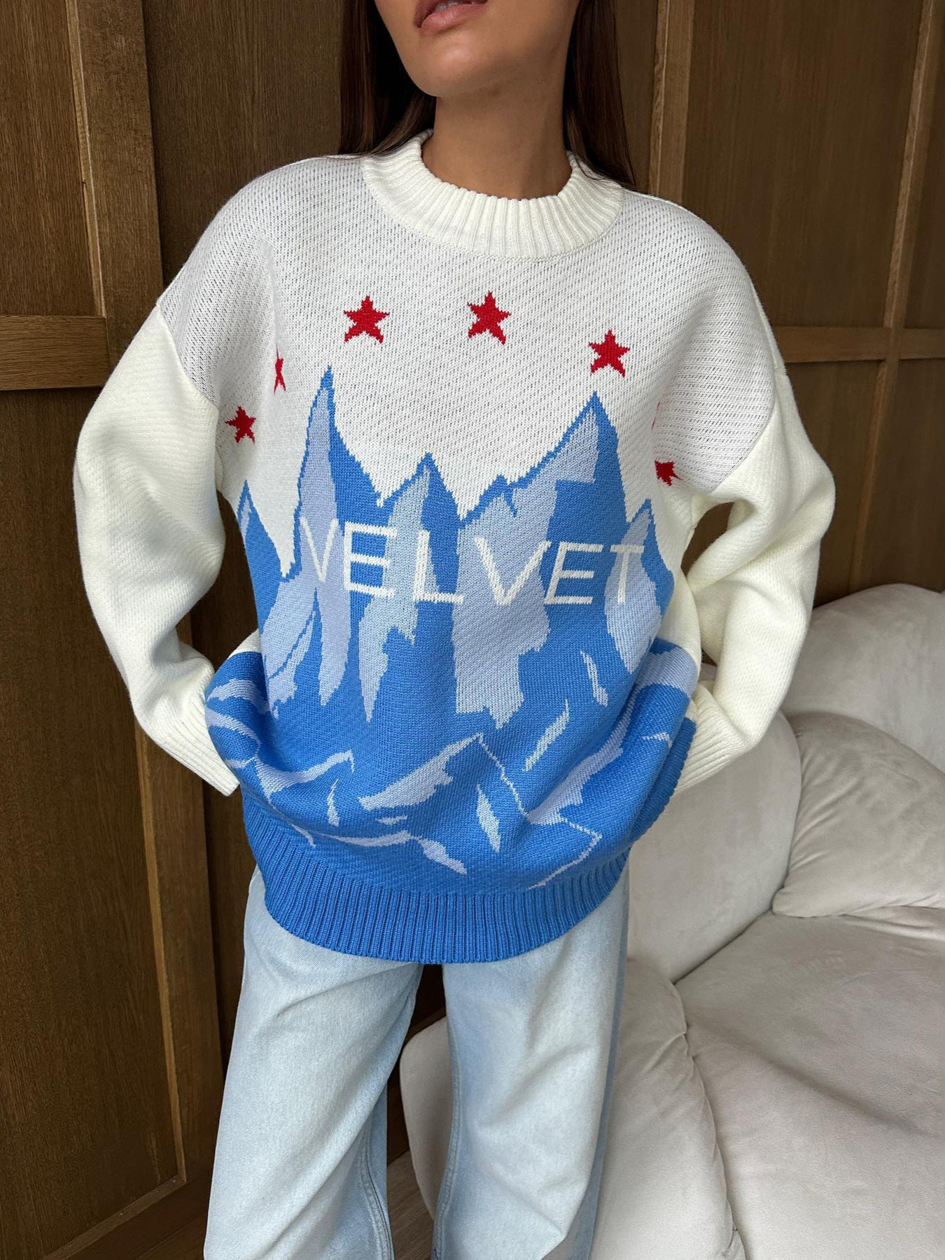 Icy Color Jacquard Oversized Crewneck Sweater for Women – Casual Knit Pullover