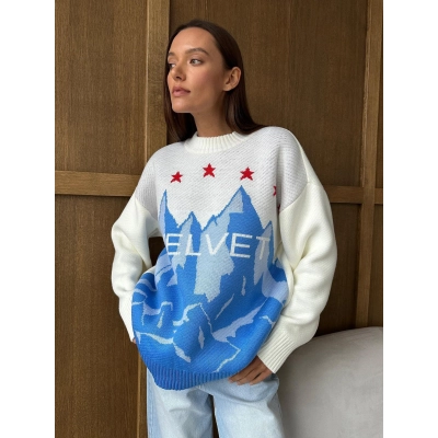 Icy Color Jacquard Oversized Crewneck Sweater for Women – Casual Knit Pullover 01