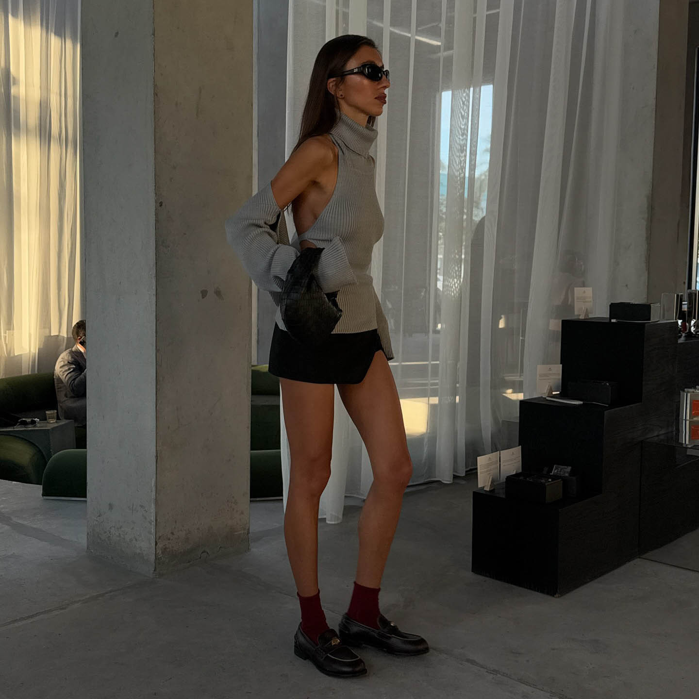 Fashion Grey High Neck Open Back Sweater with Long Sleeve Top 2-Piece Set for Women – Autumn Winter Outfit