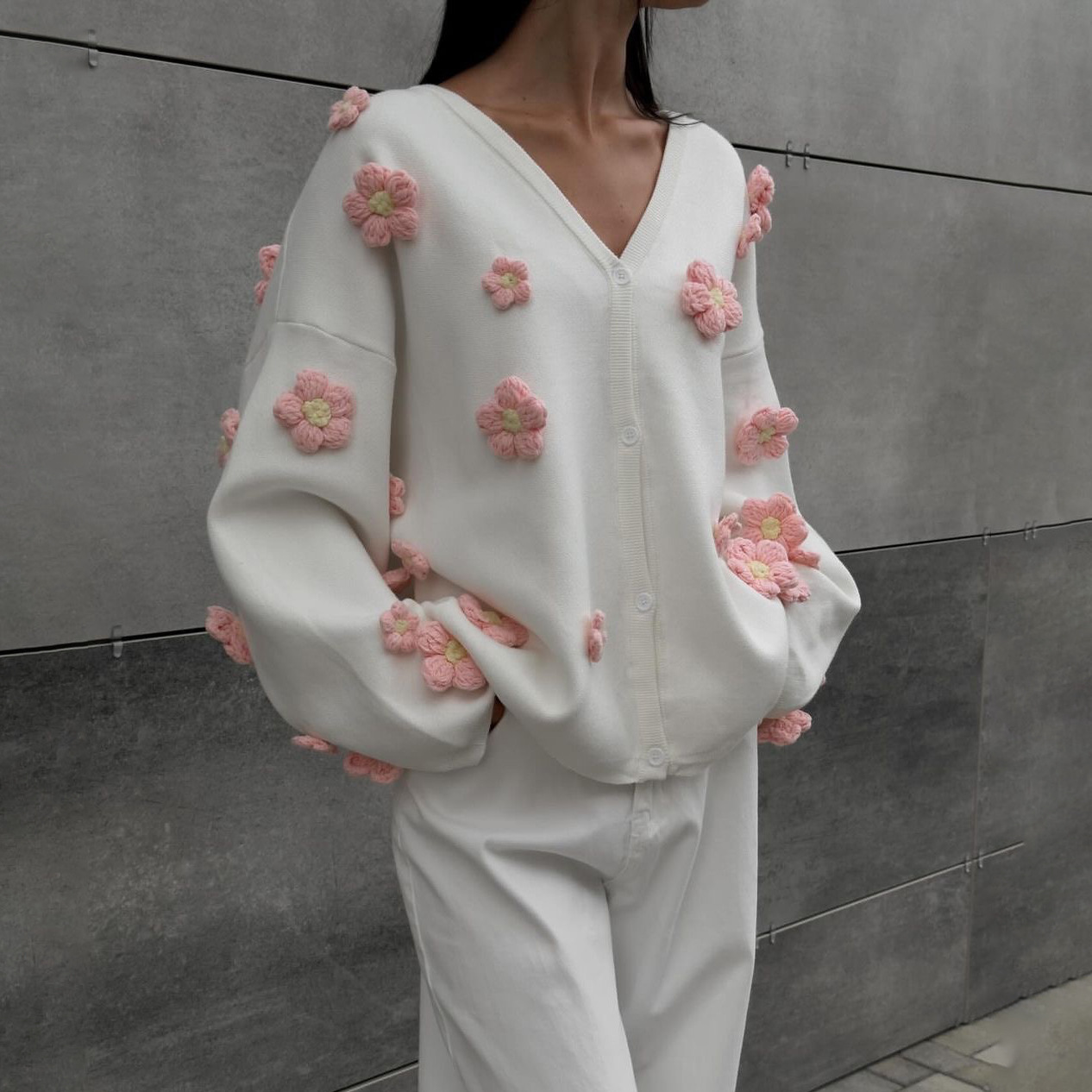 French Sweet & Spicy Style 3D Floral Embroidery Lazy Chic Sweater for Women – Trendy Knit Top with Romantic Touch