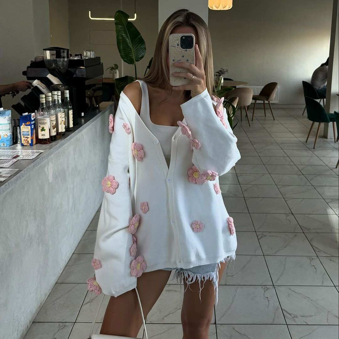 French Sweet & Spicy Style 3D Floral Embroidery Lazy Chic Sweater for Women – Trendy Knit Top with Romantic Touch