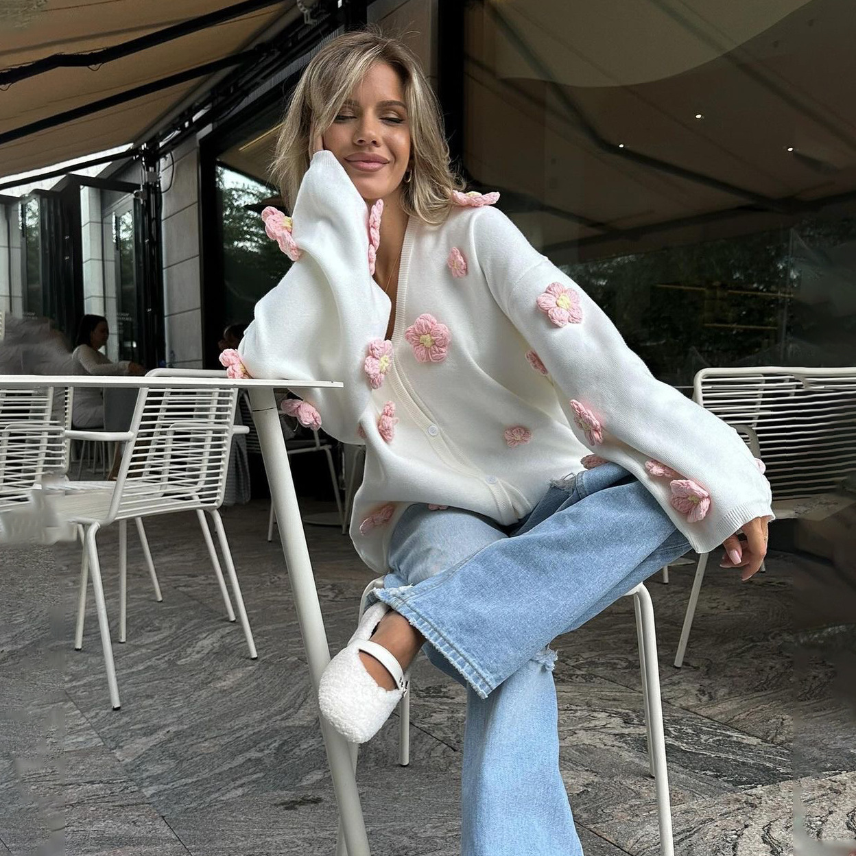 French Sweet & Spicy Style 3D Floral Embroidery Lazy Chic Sweater for Women – Trendy Knit Top with Romantic Touch