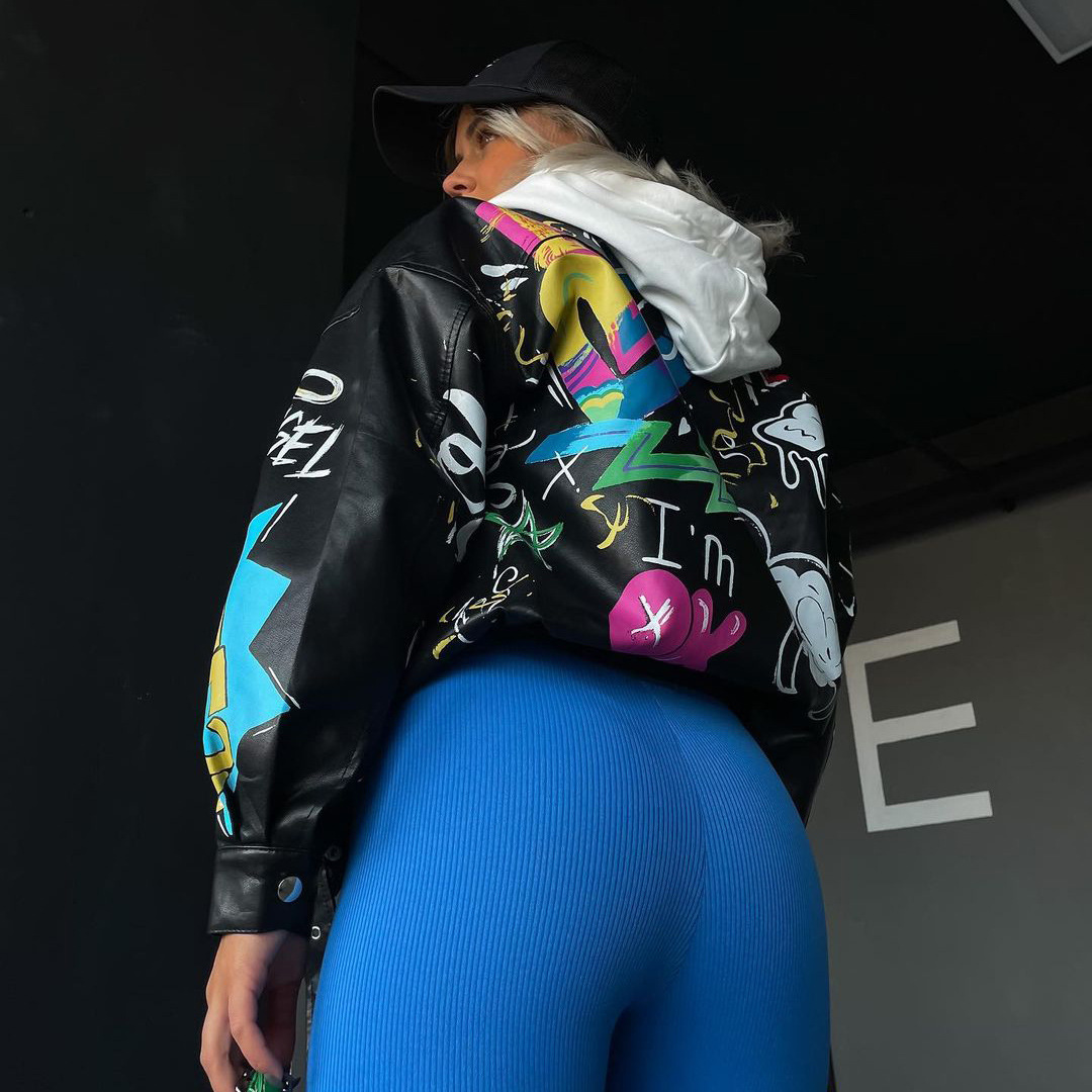 Graffiti Print Zipper Jacket for Women – Streetwear Style Loose Fit Crop Jacket