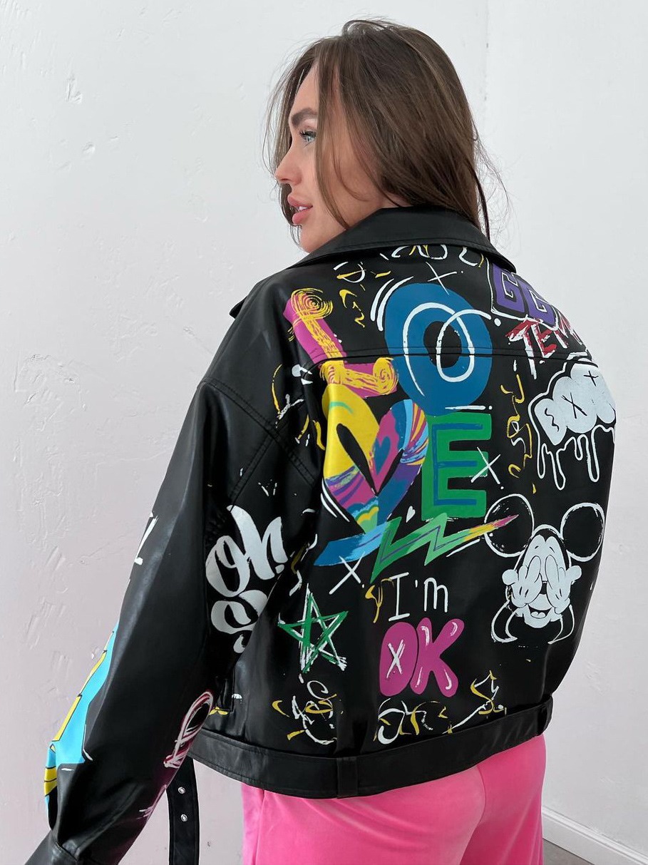 Graffiti Print Zipper Jacket for Women – Streetwear Style Loose Fit Crop Jacket