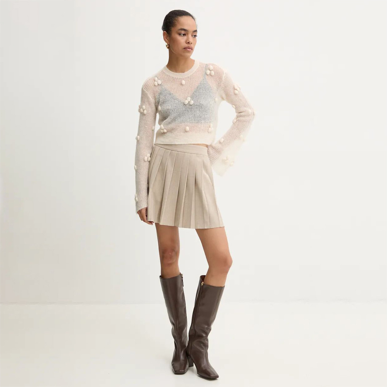 Lace-Knit Textured Oversized Crewneck Sweater for Women – Sheer Long Sleeve Pullover with Tassels & Rope Details