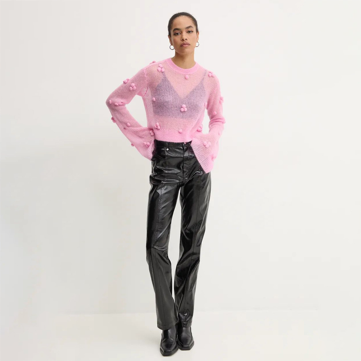 Lace-Knit Textured Oversized Crewneck Sweater for Women – Sheer Long Sleeve Pullover with Tassels & Rope Details