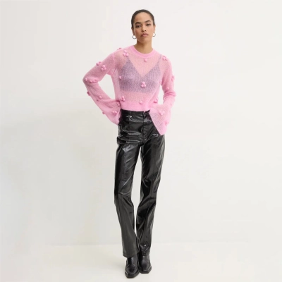 Lace-Knit Textured Oversized Crewneck Sweater for Women – Sheer Long Sleeve Pullover with Tassels & Rope Details 01