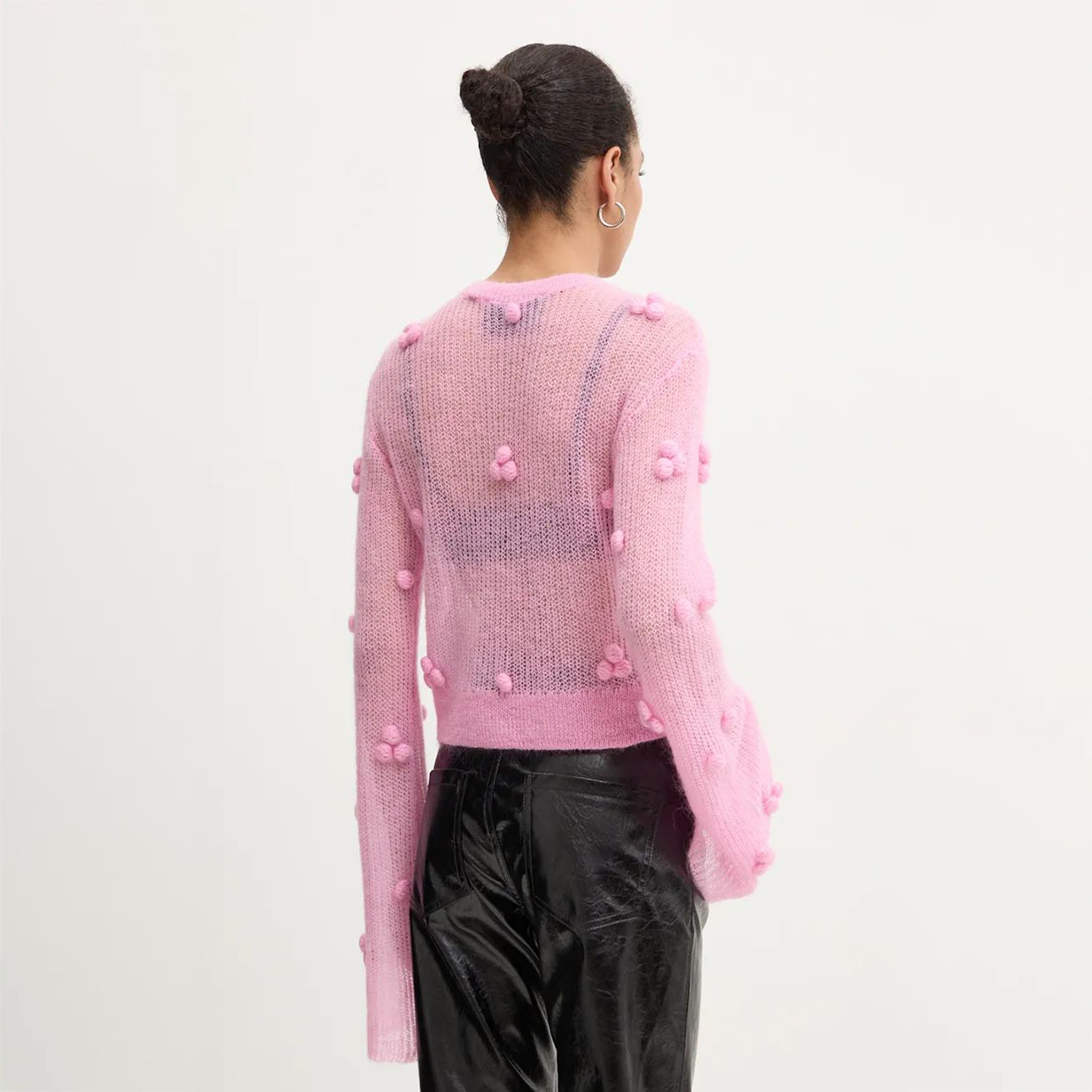 Lace-Knit Textured Oversized Crewneck Sweater for Women – Sheer Long Sleeve Pullover with Tassels & Rope Details