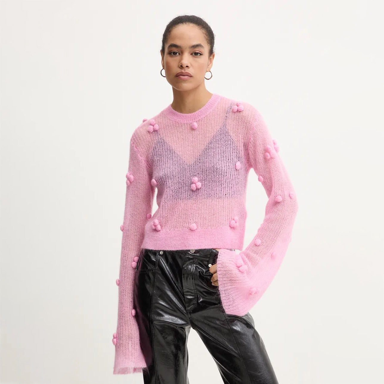 Lace-Knit Textured Oversized Crewneck Sweater for Women – Sheer Long Sleeve Pullover with Tassels & Rope Details