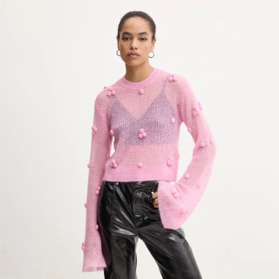 Lace-Knit Textured Oversized Crewneck Sweater for Women – Sheer Long Sleeve Pullover with Tassels & Rope Details 02