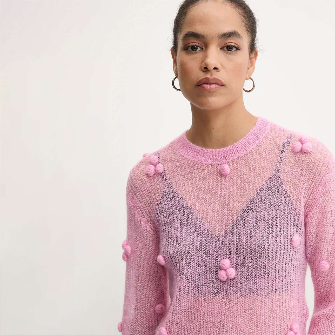 Lace-Knit Textured Oversized Crewneck Sweater for Women – Sheer Long Sleeve Pullover with Tassels & Rope Details