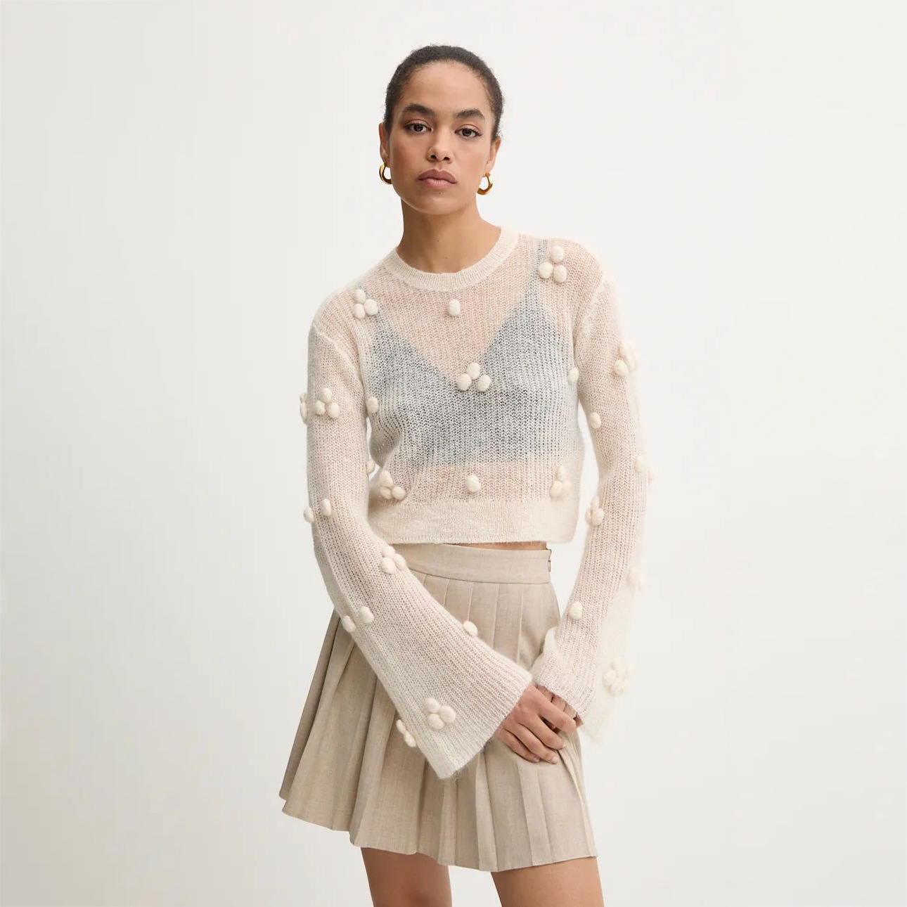 Lace-Knit Textured Oversized Crewneck Sweater for Women – Sheer Long Sleeve Pullover with Tassels & Rope Details