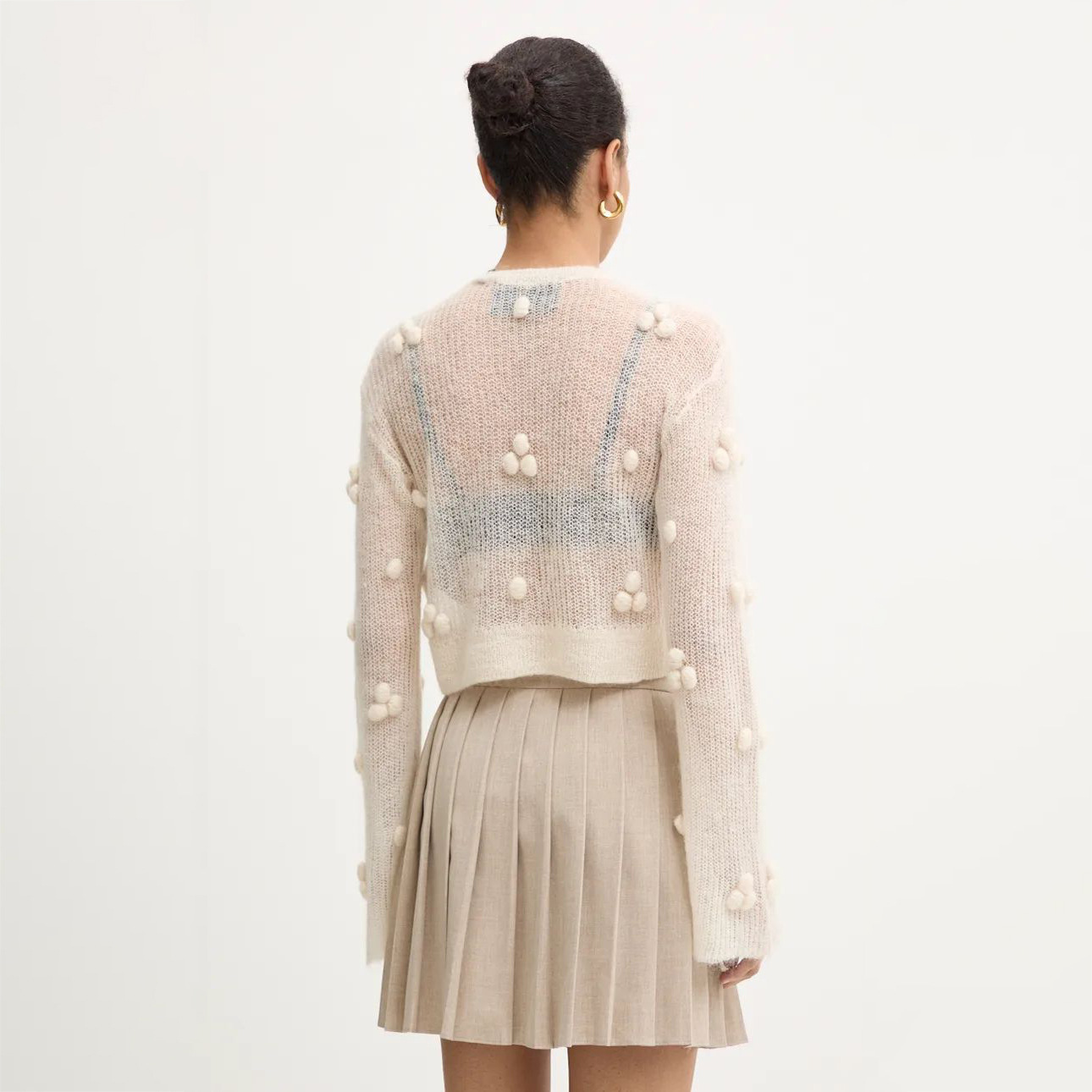 Lace-Knit Textured Oversized Crewneck Sweater for Women – Sheer Long Sleeve Pullover with Tassels & Rope Details