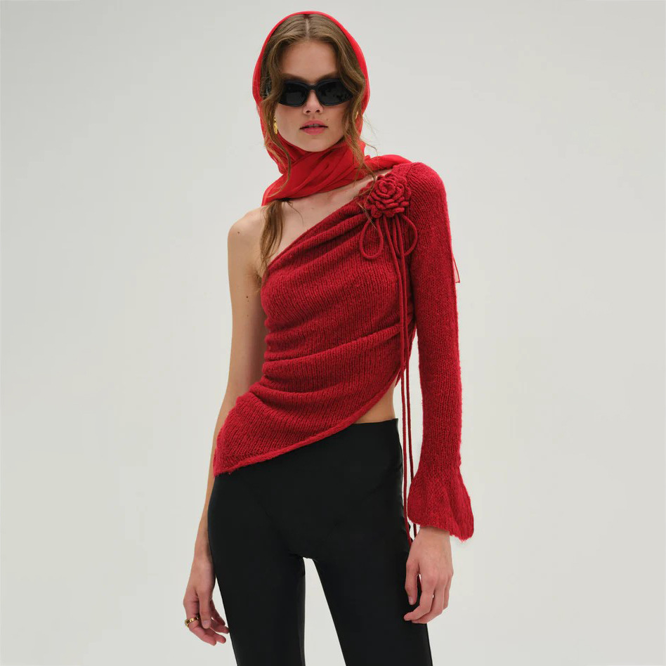 Off-Shoulder Floral Decor Oversized Sweater for Women – Casual Knit Pullover with Romantic Touch