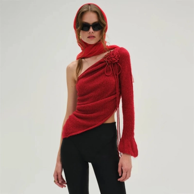 Off-Shoulder Floral Decor Oversized Sweater for Women – Casual Knit Pullover with Romantic Touch 01