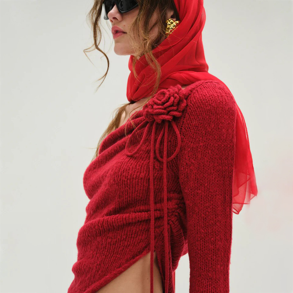 Off-Shoulder Floral Decor Oversized Sweater for Women – Casual Knit Pullover with Romantic Touch