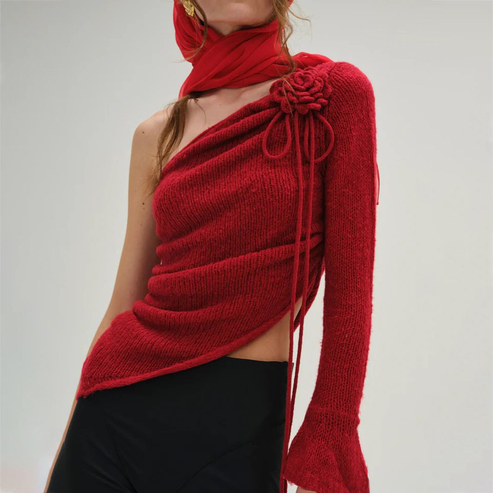 Off-Shoulder Floral Decor Oversized Sweater for Women – Casual Knit Pullover with Romantic Touch