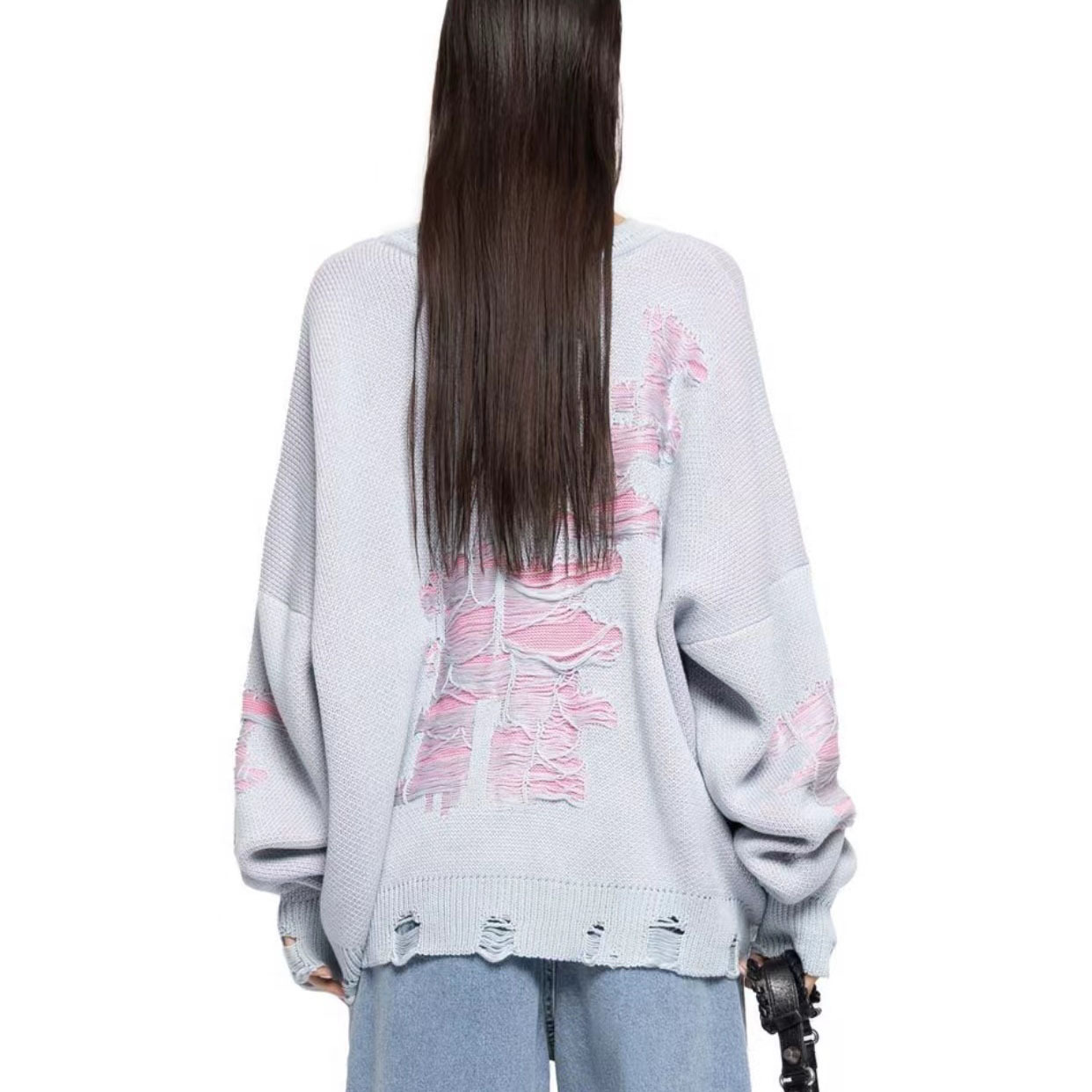 Oversized Distressed Color Block Sweater for Women – Edgy Lazy Streetwear Knit Top