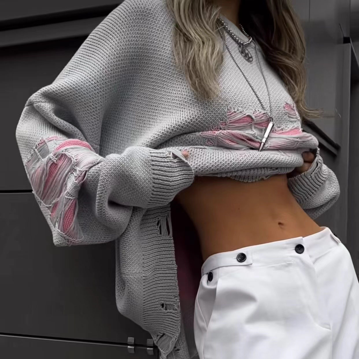 Oversized Distressed Color Block Sweater for Women – Edgy Lazy Streetwear Knit Top