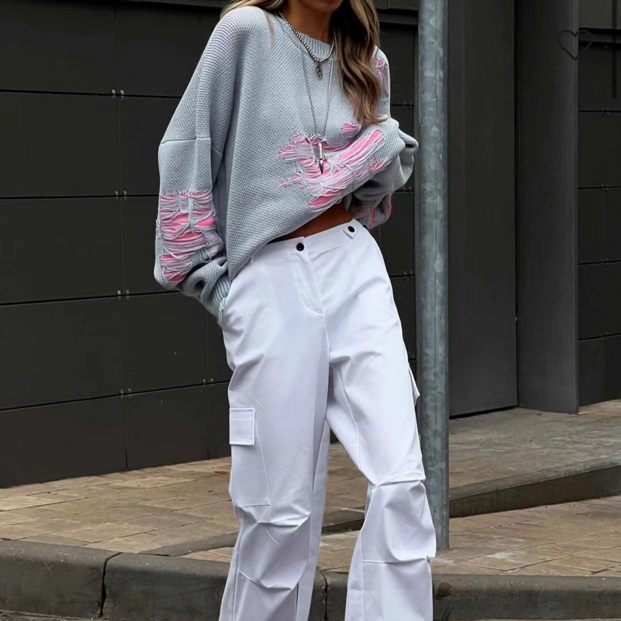 Oversized Distressed Color Block Sweater for Women – Edgy Lazy Streetwear Knit Top