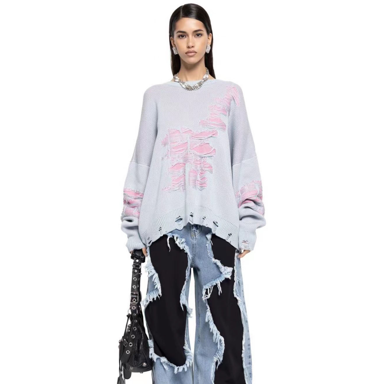 Oversized Distressed Color Block Sweater for Women – Edgy Lazy Streetwear Knit Top