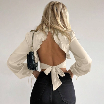 Pearl Button Ruffle Backless Waist-Cinching Knit Top for Women – Sweet & Sexy Cropped Blouse 02