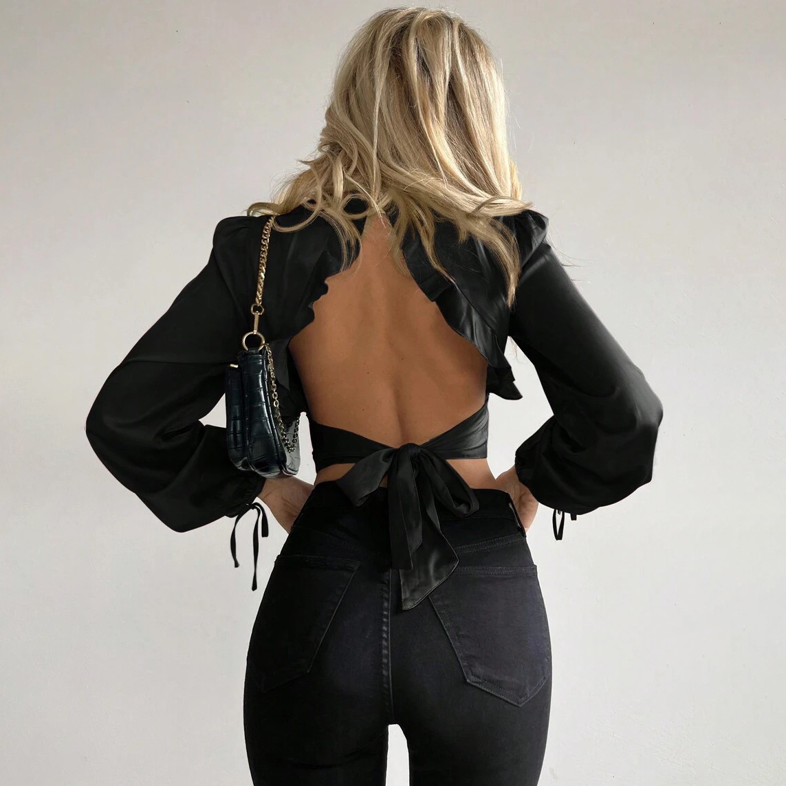 Pearl Button Ruffle Backless Waist-Cinching Knit Top for Women – Sweet & Sexy Cropped Blouse