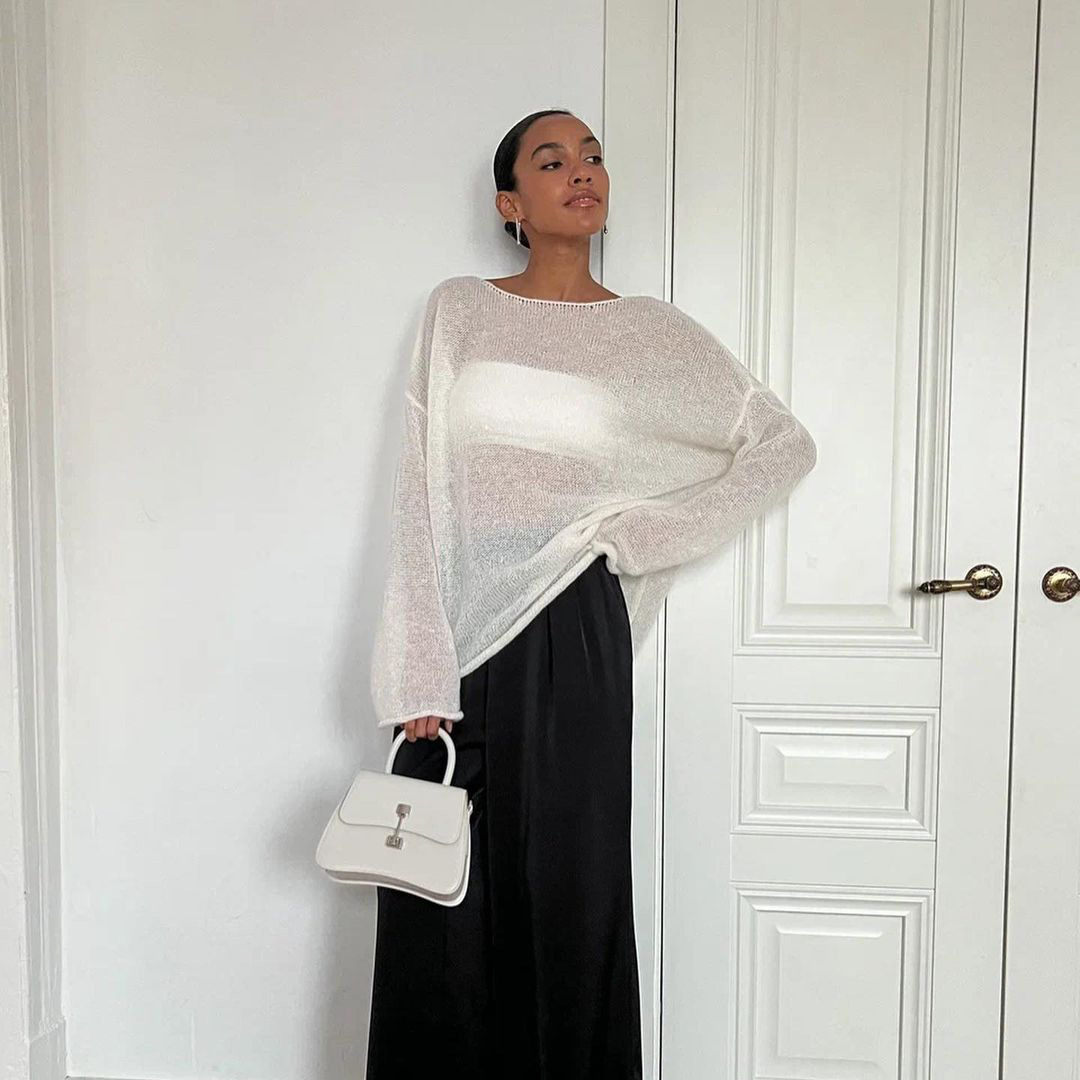 Sexy Sheer Loose Stretch Knit Top for Women – Trendy Crop Blouse with See-Through Design