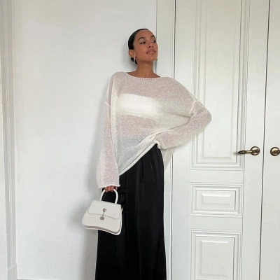 Sexy Sheer Loose Stretch Knit Top for Women – Trendy Crop Blouse with See-Through Design 02