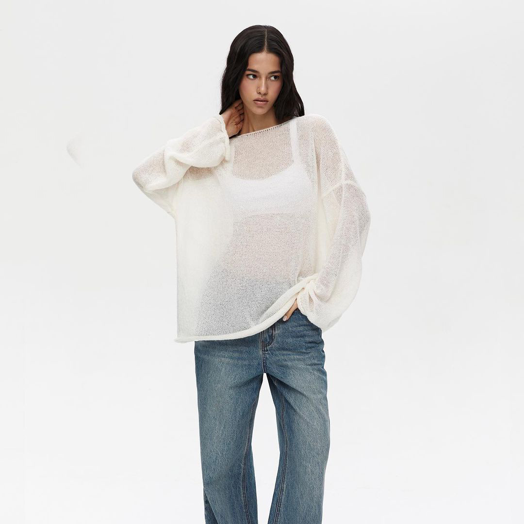 Sexy Sheer Loose Stretch Knit Top for Women – Trendy Crop Blouse with See-Through Design