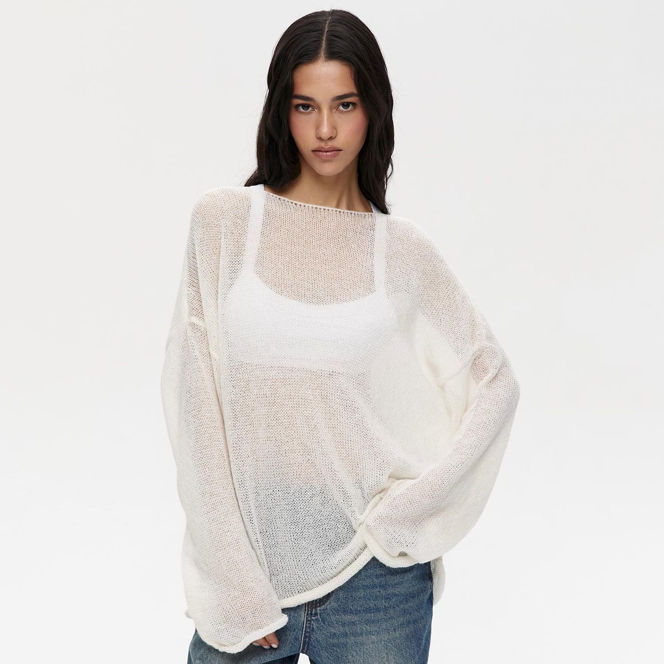 Sexy Sheer Loose Stretch Knit Top for Women – Trendy Crop Blouse with See-Through Design